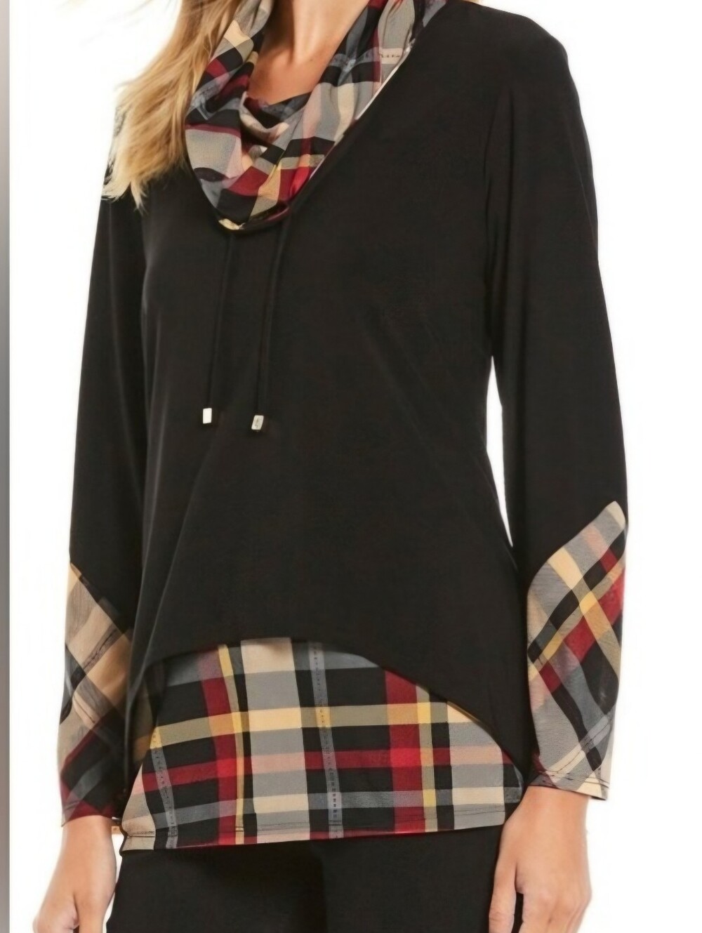 Ali Miles Black and Plaid Asymmetrical Turtleneck Cowl Neck Sweater Xl